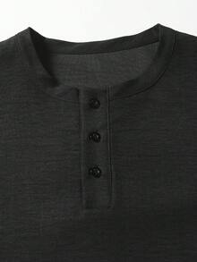1pc T-Shirt, Solid Color Henley Collar Three-Button Design Loose Fit Long Sleeve Top, Faux Linen Textured Fabric, Skin-Friendly Soft Anti-Deformation, Elegant Slouchy Old Money Style, Suitable For Daily Commute And Friend Gatherings, Machine Washable And Dry Cleanable - Black - View 7
