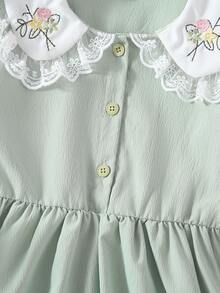 Girls French Sweet Embroidered Floral Dress, Light Green Long Sleeve Lace Collar Button Princess Dress, Baby Spring Autumn Stylish Dress - Green - View 5