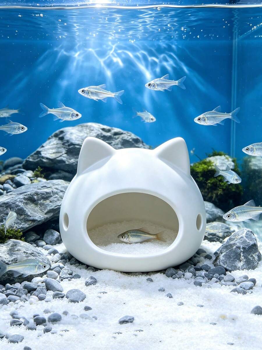 Aquarium Decor, 3D Printed Cat Shaped Fish & Shrimp Hideout, Fish Tank Landscaping Prop, Small Fish Hiding House - Happy Aquarium - View 1