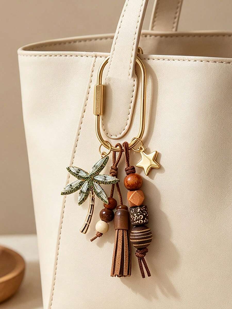 復古波希米亞風水鑽椰子樹鑰匙圈包飾吊飾，復古木珠流蘇與星星吊墜，棕色調配件禮物，中性車飾，適用於鑰匙、錢包、手提包，適合送給女性、愛人、家人、朋友，生日、節慶、派對、旅行、教師節、聖誕節、情人節、中東國慶日、返校季