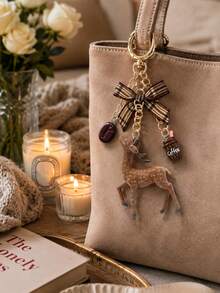 Y2k Retro Checkered Bow, Plush Deer, Coffee Bean Pendant, Keychain, Bag Hanging, As Decoration For Headphone Bag, Handbag, Suitable For Keys, Wallet, Handbag, Gift For Women, Lovers, Family, Friends, Unique Birthday, Holiday, Party Gift, Christmas - Multicolor - View 2