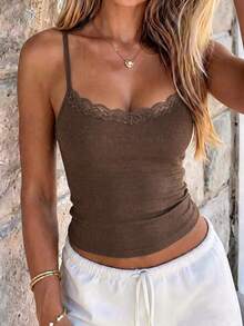 NOIRLYN Women's Tank Top Spring Summer Y2K Sexy Slim Fit Lace Patchwork Camisole Brown Casual - Brown - View 6