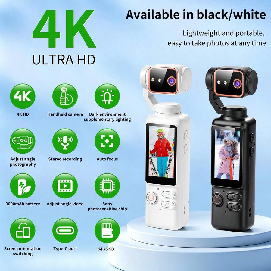 4K Ultra HD Handheld Digital Camera, 16x Digital Zoom, 4K Video Recording, High Sensitivity Chip, 180° Rotating Lens, Built-In Flash, Night Shot Support, Auto Focus, Landscape/Portrait Mode, Equipped With 64GB SD Card, 3000mAh Battery - View 1