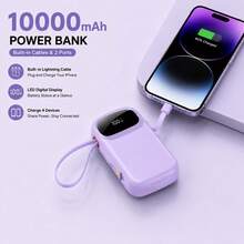 10000mAh Portable Power Bank With Built-In Cables, 22.5W Fast Charging Mini External Battery Pack With LED Display & Lanyard For Phones Tablets,Camping Travel Essentials - Mauve Purple - View 7