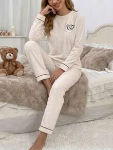 Cute Bear Embroidery Ribbed Loungewear Women's Crew Neck Loose Long Sleeve Pants Warm Pajama 2 Pieces Set - Apricot - View 2