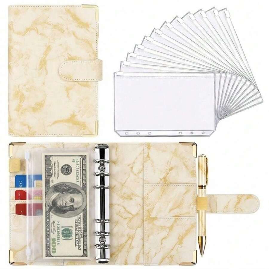 A6 Marble PU Leather Budget Binder With 12PCS Zipper Pockets Cash Envelopes, Magnetic Snap Loose Leaf Planner Organizer For Money Saving & Cash Stuffing - A6 - View 1