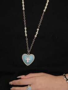 Vintage Silver Heart Pendant Accessory, Wearable Necklace, Artistic Long Necklace, High-End, Minimalist Long Necklace Accessory - Baby Blue - View 3