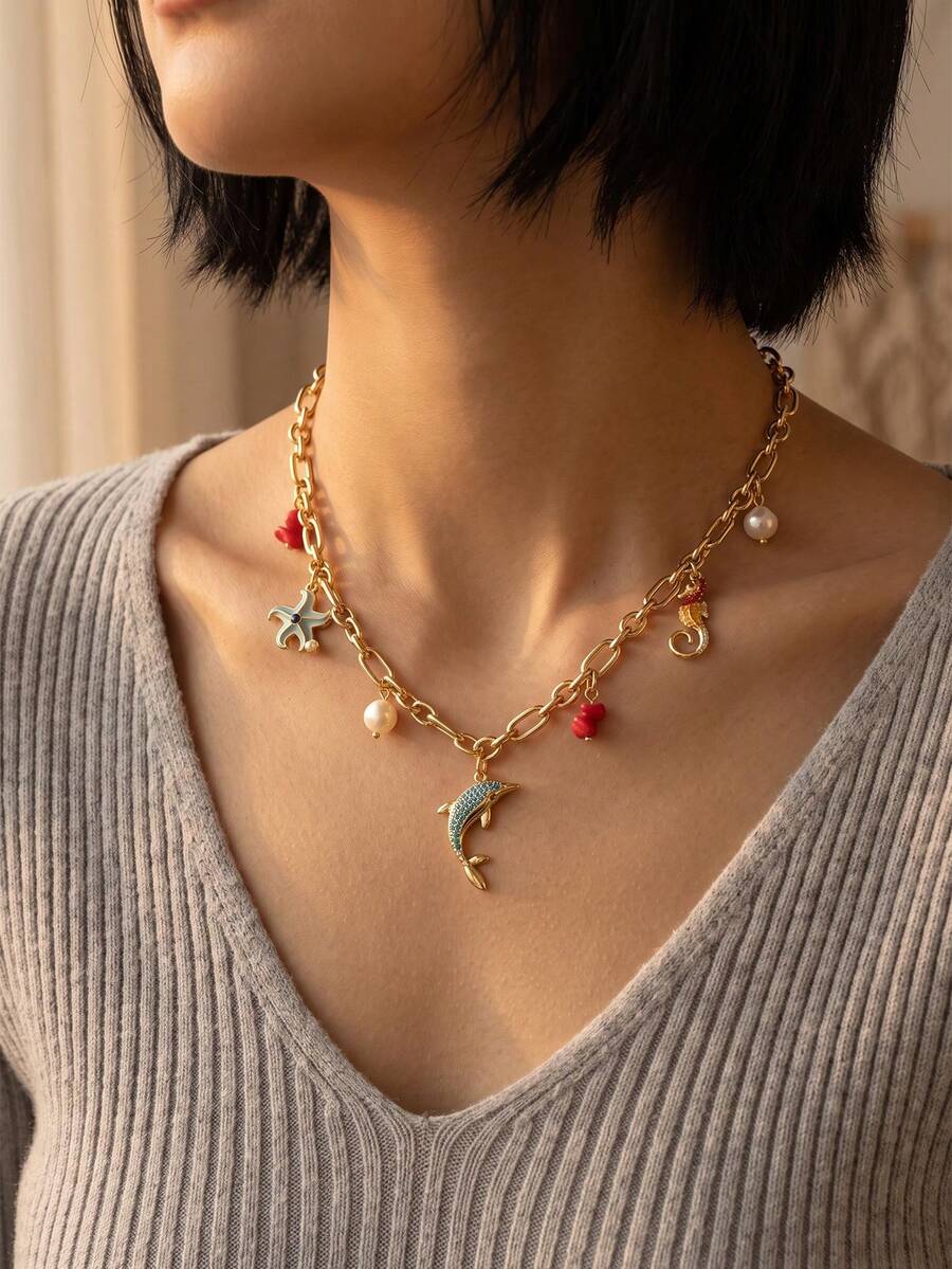 Nooxian 1pc Vintage Gold Chain Ocean Style Multi-Pendant Necklace For Women, Dolphin, Starfish, Seahorse Enamel Colorful Niche Design Collarbone Chain - Yellow Gold - View 1