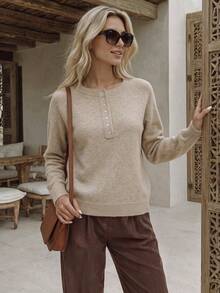 NiceArt Women's V-Neck Half-Button Ribbed Knit Sweater, Long Sleeve Slim Fit Henley Neck Knit Top, Autumn/Winter Casual Shirt - Khaki - View 8