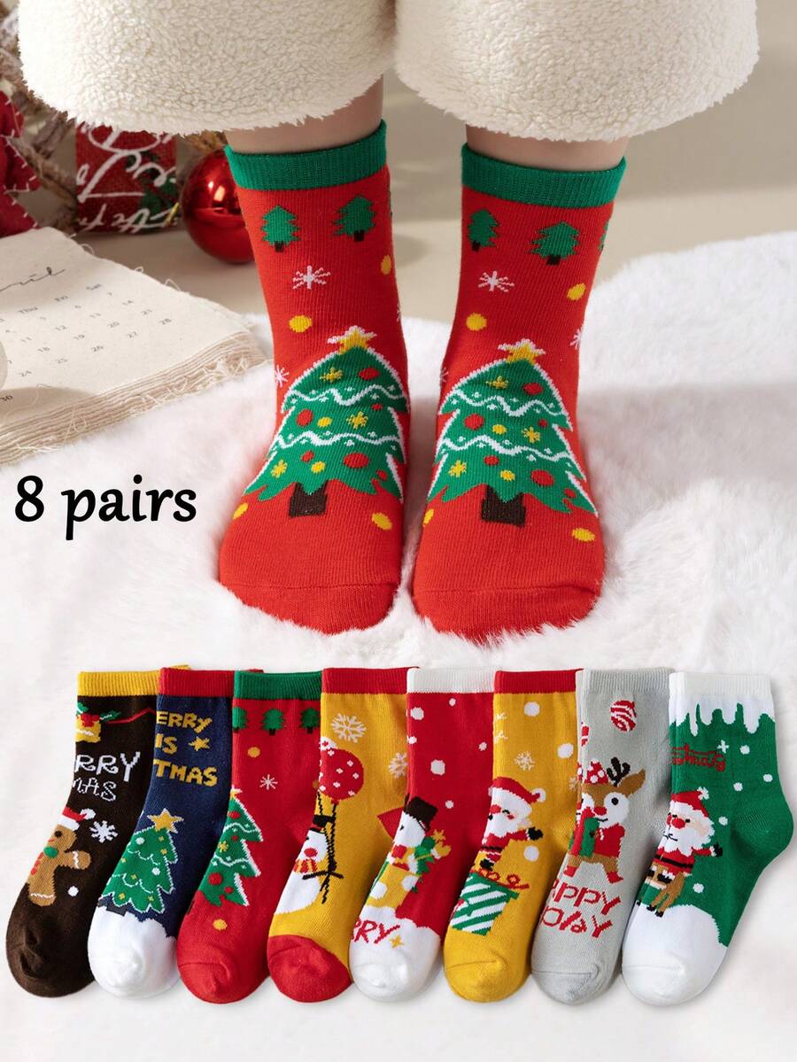 8/4 Pairs Autumn/Winter Kids Christmas Socks, Red Christmas Girl Socks, Boy Socks, Festive Atmosphere, Cute Cartoon Santa Claus, Reindeer, Gingerbread Man Patterns - Multicolor - View 1