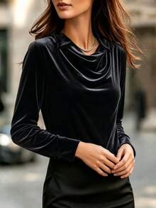 Plus Size Women's Black Cowl Neck Ruched Long Sleeve Top, Belly-Flattering Slimming Elegant Luxury Commuter Blouse, Inclusive For And Plus Size Figures, Luxury Commuter Style, Suitable For Workplace, Gatherings, Daily Outings And Other Occasions - Black - View 3