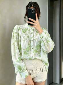 女款休閒花葉滿版印花立領前扣長袖襯衫，商務辦公居家度假適用，春秋冬季款 - 綠色 - 查看 12