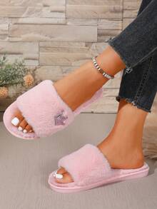 Women's Light Pink Plush Slippers, Small Crown Pattern Decor Open Toe Fuzzy House Slippers, Comfortable Indoor Outdoor Warm Flat Shoes - Pink - View 1