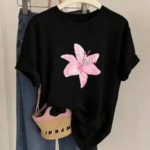 Capsule Wardrobe Cotton Short Sleeve Top, Delicate Pink Flower Art Graphic Print, Ladies Casual T‑Shirt For Spring Office Commute - Black - View 2