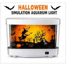 Halloween LED Simulation Aquarium Night Light, Fish Tank Shaped Desktop Lamp With Witch Pumpkin Pattern, Decorative Tabletop Light For Home Bedroom Halloween Party Decoration - Halloween Aquarium Light - View 1