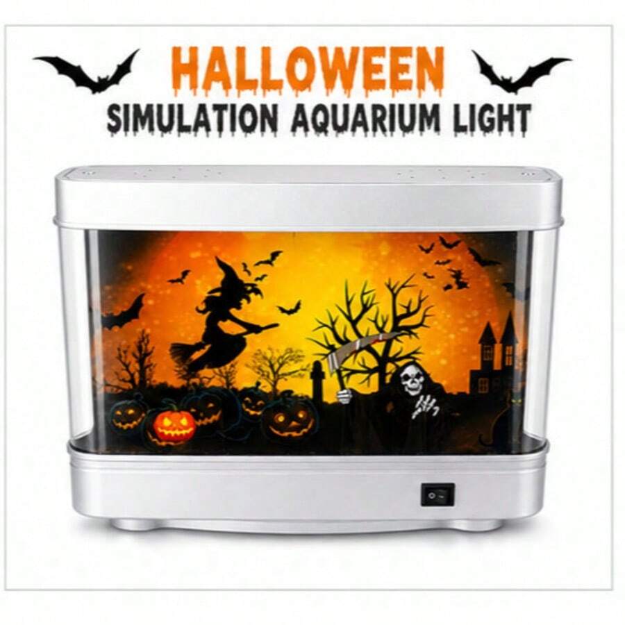 Halloween LED Simulation Aquarium Night Light, Fish Tank Shaped Desktop Lamp With Witch Pumpkin Pattern, Decorative Tabletop Light For Home Bedroom Halloween Party Decoration - Halloween Aquarium Light - View 1