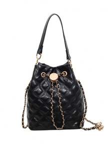 Nicekee Diamond Patterned Drawstring Bucket Handbag With Thin Chain And Metal Accessories, Suitable For Daily Outings, Dates, Gatherings And Commuting - Black - View 7