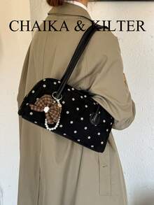 CHAIKA & KILTER 1件裝 女款復古時尚磨砂保齡球包，對比色麂皮布料，滿版波點圖案，對比色絎縫縫線，雙手柄設計，拉鍊開合，適合日常與街頭使用（附吊飾） - 黑色 - 查看 8
