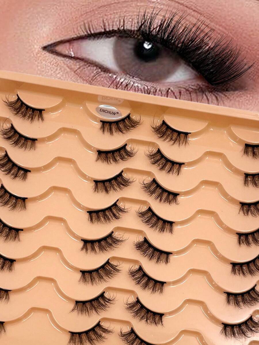 ENCHUW 16 Pairs Natural Half Eyelashes,Cat Eye Soft Stem Wispy Manga Lashes,Lightweight False Eyelashes - Black - View 1