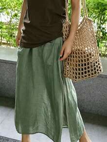 Women's Loose Plus Size Casual Split Pants, 2-In-1 Design, Ankle Length, Back To School - Green - View 2