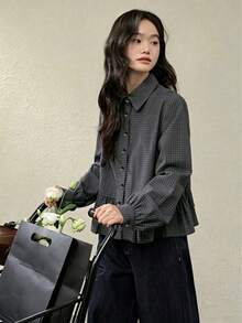 Plaid Ruffle Trim Long Sleeve Blouse Tops, Spring New Arrival Black - Black - View 3