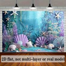 2D Flat Banner Mermaid Ocean Theme Photography Backdrop - Purple And Blue, Starfish And Shell Pattern, Suitable For Birthday Party And Photo Booth, Multi-Functional Polyester Decoration - Multicolor - View 6
