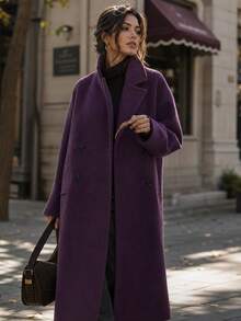 Casual Autumn/Winter Women's Wool Blend Turndown Collar Long Sleeve Warm Commuting Elegant Long Wool Blend Coat Fall - Dark Purple - View 1