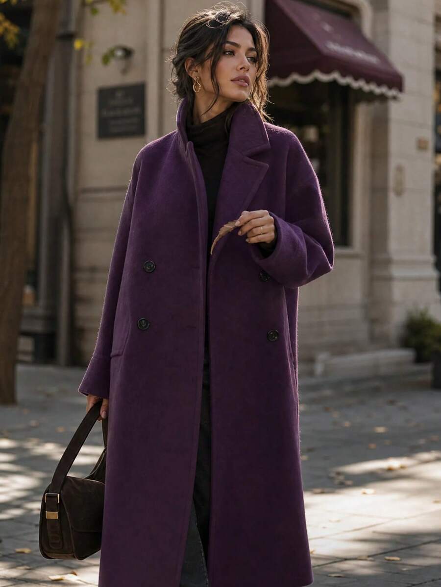 Casual Autumn/Winter Women's Wool Blend Turndown Collar Long Sleeve Warm Commuting Elegant Long Wool Blend Coat Fall - Dark Purple - View 1