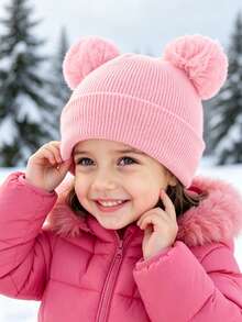 1 buah Topi Rajut Pom Pom Berbulu Lucu untuk Anak Perempuan Usia 3-8 Tahun, Topi Beanie Warna Polos, Topi Rajut Lembut dan Hangat untuk Anak Perempuan, Aksesori Kepala Luar Ruangan Musim Dingin - MultiWarna - View 2