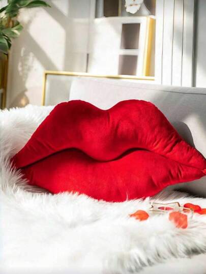 1 pieza Cojín de peluche con estampado de labios rojos de moda - Cojín decorativo suave y cómodo para sofá, perfecto para decoración del hogar, cumpleaños, Día de San Valentín y aniversario - Diseño lindo y elegante con marca de beso en rosa y rojo
