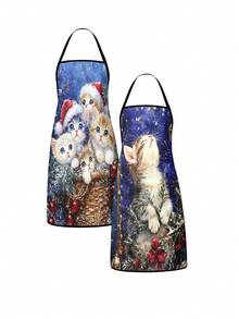 2/4pcs Christmas Apron, Featuring Cute Christmas Cat Pattern. Suitable For Kitchen Cooking, Festivals And Parties. A Great New Year Gift To Give To Friends. - Multicolor - View 11