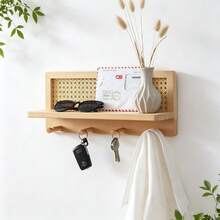 Wooden Wall-Mounted Storage Shelf With Woven Decoration And Hooks - Wooden Shelf, Key Holder With Storage, Wall-Mounted Organizer With 4 Hooks, Suitable For Entryway, Hallway, Kitchen, Office - Rustic Home Decor, Easy To Install, PE Rattan Wall-Mounted Coat Rack With 4 Hooks, Decorative Coat Rack With Floating Shelf, Suitable For Entryway, Living Room, Kitchen, Hallway, Bedroom And Office - Standard - View 5