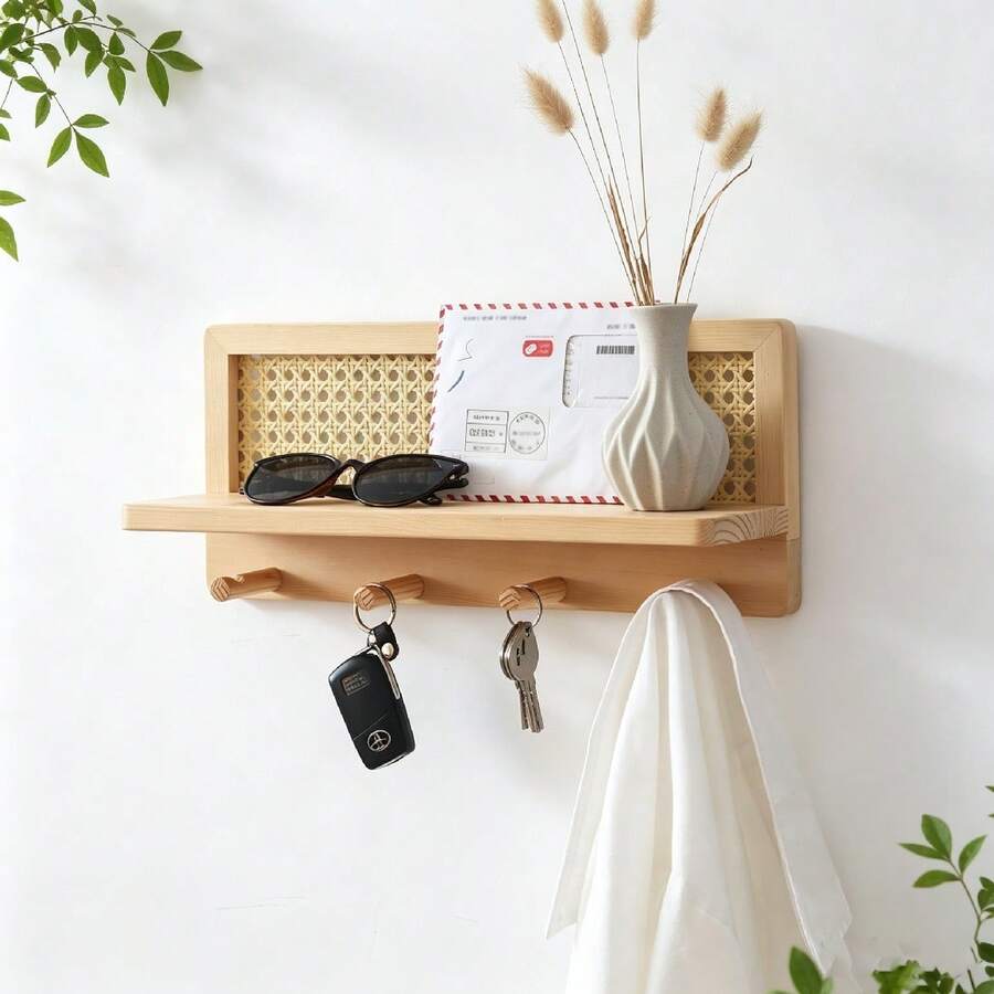 Wooden Wall-Mounted Storage Shelf With Woven Decoration And Hooks - Wooden Shelf, Key Holder With Storage, Wall-Mounted Organizer With 4 Hooks, Suitable For Entryway, Hallway, Kitchen, Office - Rustic Home Decor, Easy To Install, PE Rattan Wall-Mounted Coat Rack With 4 Hooks, Decorative Coat Rack With Floating Shelf, Suitable For Entryway, Living Room, Kitchen, Hallway, Bedroom And Office - Standard - View 1