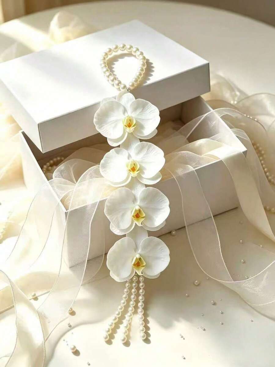 1pc Butterfly Orchid Pearl Bouquet Bridal Handheld Flower, Suitable For Party Favors, Pearl Hand Flower, Also For Indoor And Outdoor Photography Props, Confession, Proposal Gift, Wedding Souvenir - White - View 1