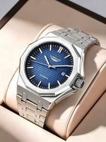 LONGLUX 1件男士自動機械腕錶,附日曆、蝴蝶扣與鋼製錶帶,極簡休閒風格 - 藍色 - 查看 2