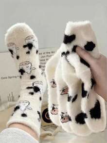 4 Pairs Cute Cow Pattern Plush Round Knitted Socks, Thick Texture, Soft And Comfortable, Suitable For Daily Wear. Ideal For Christmas And Winter Warmth Needs. (4/3/2/1 Pairs) - Multicolor - View 1
