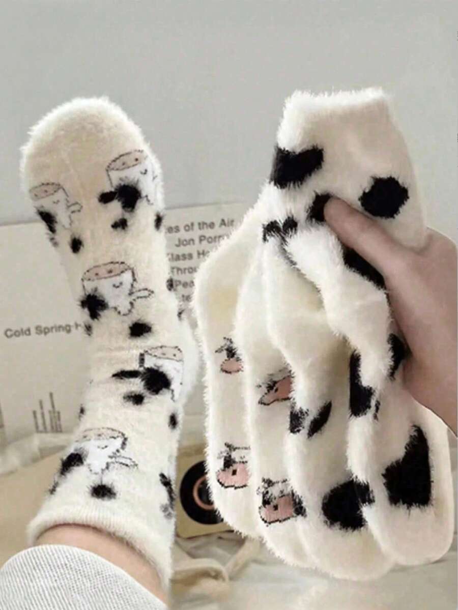 4 Pairs Cute Cow Pattern Plush Round Knitted Socks, Thick Texture, Soft And Comfortable, Suitable For Daily Wear. Ideal For Christmas And Winter Warmth Needs. (4/3/2/1 Pairs) - Multicolor - View 1