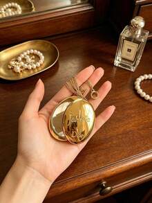 DIOR J'adore Gold Oval Pendant Compact Mirror Necklace, Embossed Logo Portable Pocket Makeup Mirror With Switch Chain, Pendant Mirror Luxury Gift For Women DIOR‑GIFT‑193 - Gold - View 3