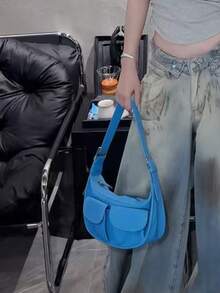 韓式慵懶極簡風腋下包 天藍色小眾設計大容量托特包 女款時尚通勤外出手提肩背托特包 - 藍色 - 查看 4