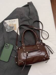 Handbag With Rivet And Tassel Decor, Handheld Or Crossbody, Zipper Closure, Sweet & Cool Y2K Style, Pillow Bag, Daily Commute And Date, Large Capacity Multi-Compartment Design, And Unique, Matches Various Outfits, Eye-Catching Look, Meets Daily Storage Needs, Creates Atmospheric Outfit - Brown - View 8
