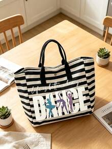 Large Capacity Black And White Striped Tote Bag With "DANCE" Lettering, Foldable Canvas Shoulder Bag, Striped Tote Bag, Includes A Cosmetic Pouch. - Multicolor - View 3