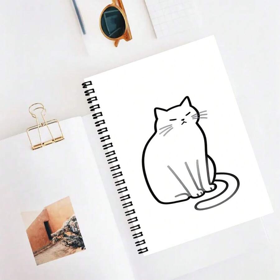 Minimalist Line Cat Spiral Notebook, Hardcover Planner With "Grumpy Lazy Cute" Kitten Pattern, A5 Simple White Background Notebook For Cat Lovers - E - View 1