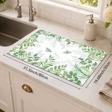 1pc Green Leaf & Butterfly Pattern Kitchen Absorbent Dish Drying Mat, Fresh Natural Style, Suitable For Kitchen Countertop, Coffee Machine, Dining Table And Spring/Summer Home Decor - Multicolor - View 10