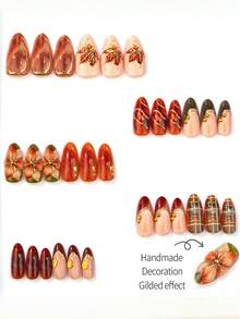 NAIO 10pcs Autumn Marble Maple Leaf Plaid Gold Line Floral Bead Glossy Press-On Nails, High-End Full Coverage, Vintage Autumn Elegant Style, Almond Shape, Suitable For Women And Girls Daily Wear, Dating, Outings, Autumn Parties - Multicolor - View 3