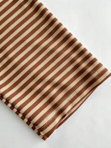 Women's Casual Top, Striped Contrast Ribbed Fabric, Everyday Wear, Spring/Autumn Vacation - Mocha Brown - View 9