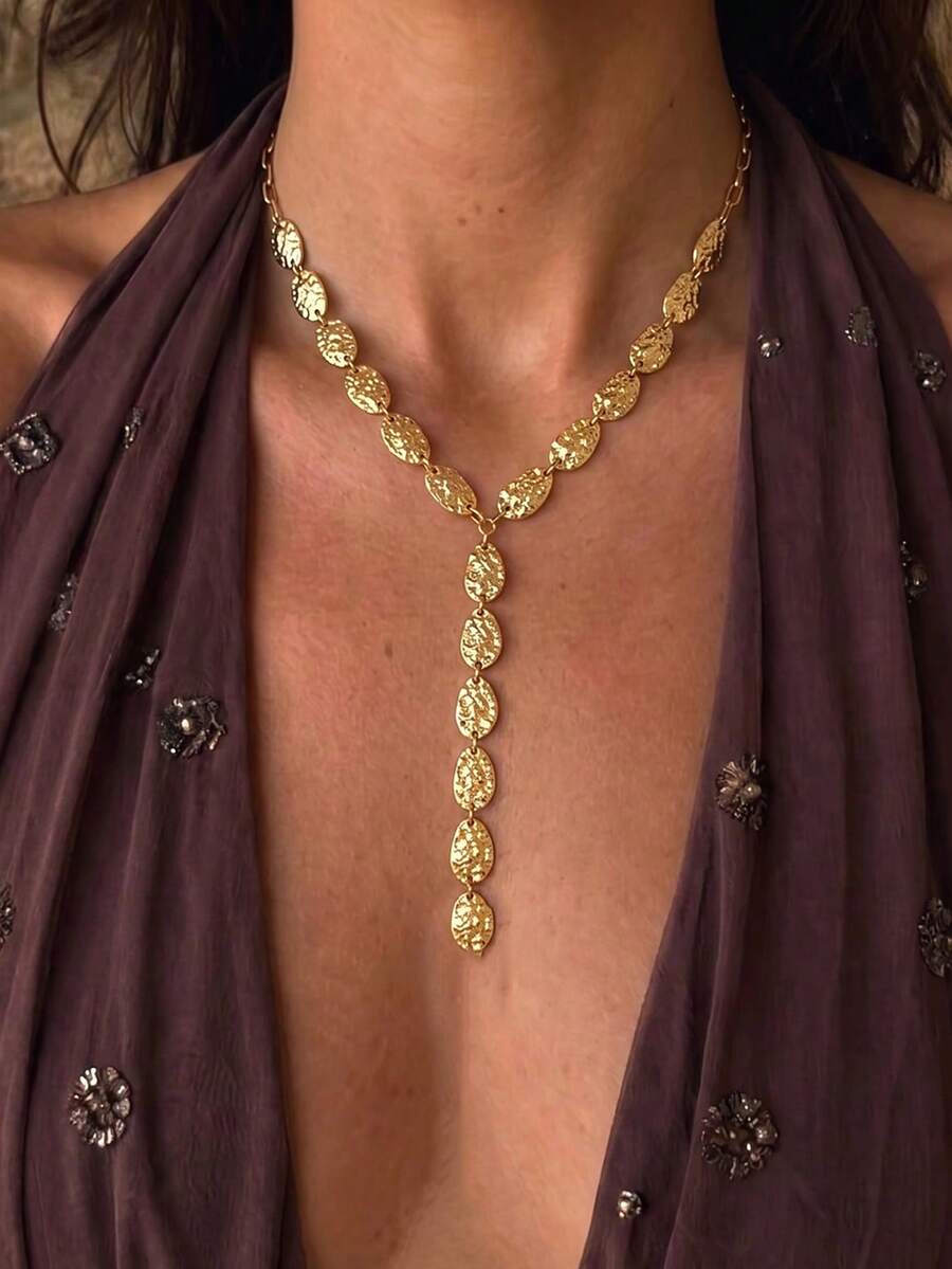 1pc Design Asymmetric Baroque Pendant Tassel Necklace Fashion Metal Style Y-Shaped Water Drop Necklace Ornament For Women - Gold - View 1