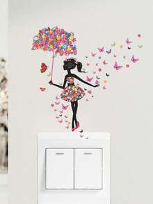 1pc PVC Self-Adhesive Switch Outlet Wall Sticker, Dancing Girl & Flower Umbrella Print Switch Sticker For Sofa Background Wall, Home Decor - Multicolor - View 3