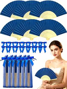 10pcs Folding Hand Fan With Sheer Drawstring Pouch, Blue Bow Decor,Portable Handheld Fan,Summer Party Wedding Gift,Costume Accessory,Travel Bag Charm - Multicolor - View 1