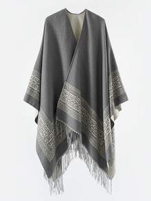 1pc Multi-Color European & American Autumn/Winter Men's Geometric Jacquard Fringe Cape Shawl, Loose Warm Thick Cardigan Scarf 2-In-1 - Multicolor - View 4