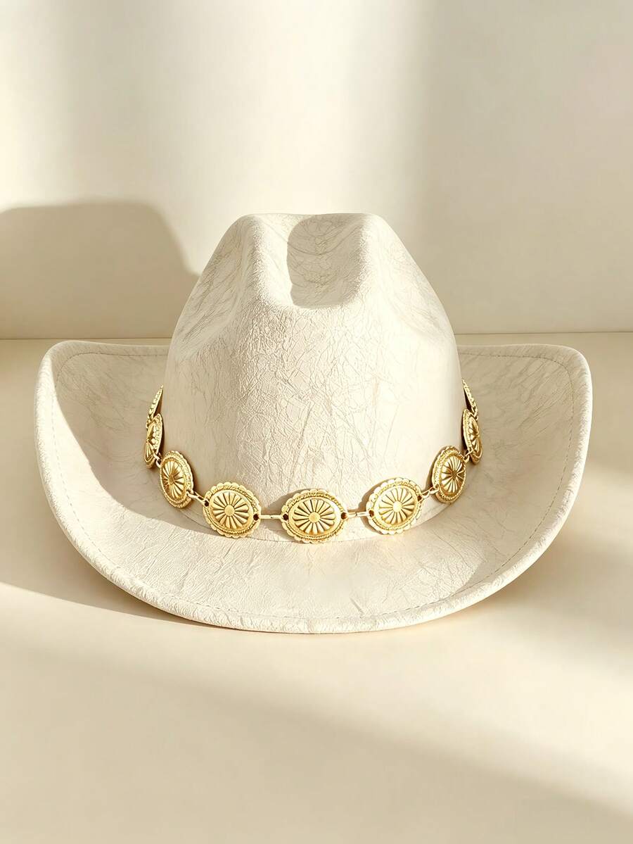 1PC Women's Vintage Printed Oval Metal Hat Chain, Decorative Hat Band For Daily Wear, Fashion Costume Accessories - Gold - View 1